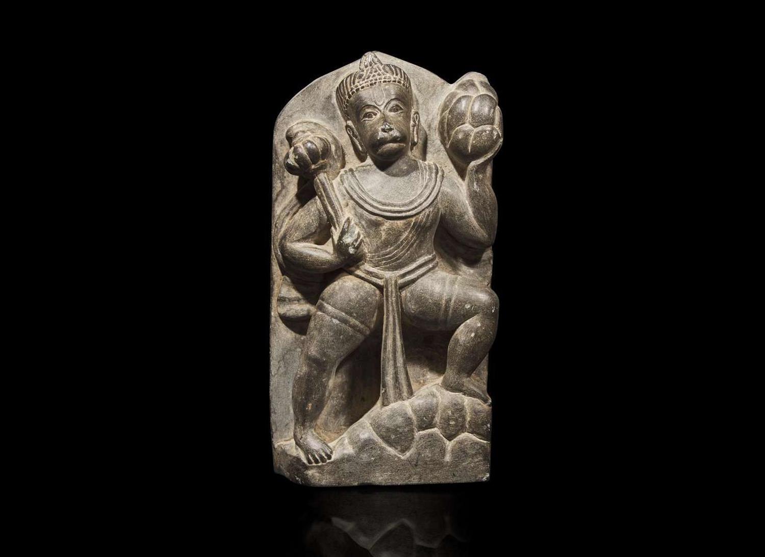 A small carved grey stone stele depicting Hanuman, possibly Nepalese 石雕哈奴曼 或尼泊爾