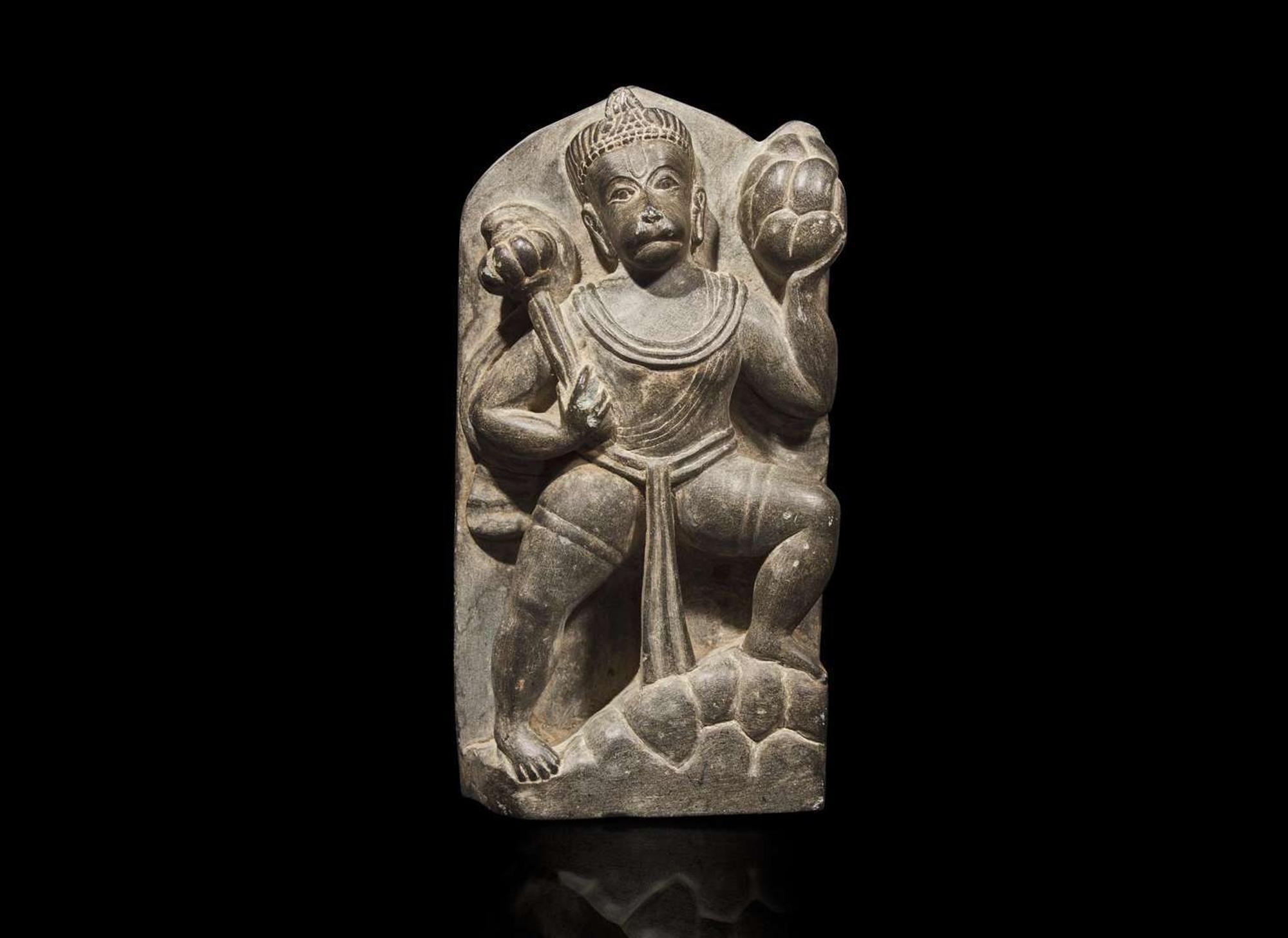 A small carved grey stone stele depicting Hanuman, possibly Nepalese 石雕哈奴曼 或尼泊爾