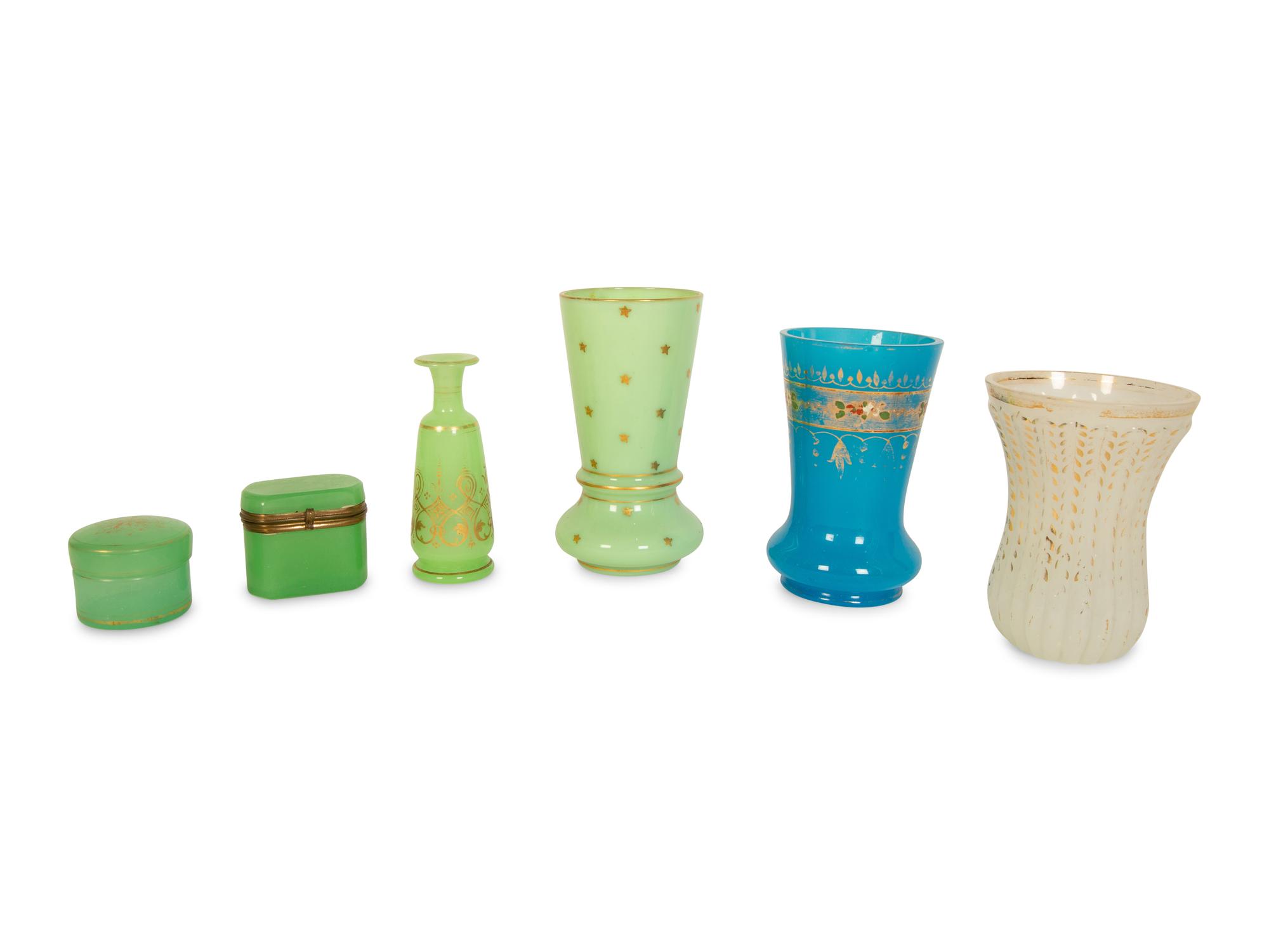 Six French Gilt Decorated Opaline Glass Articles