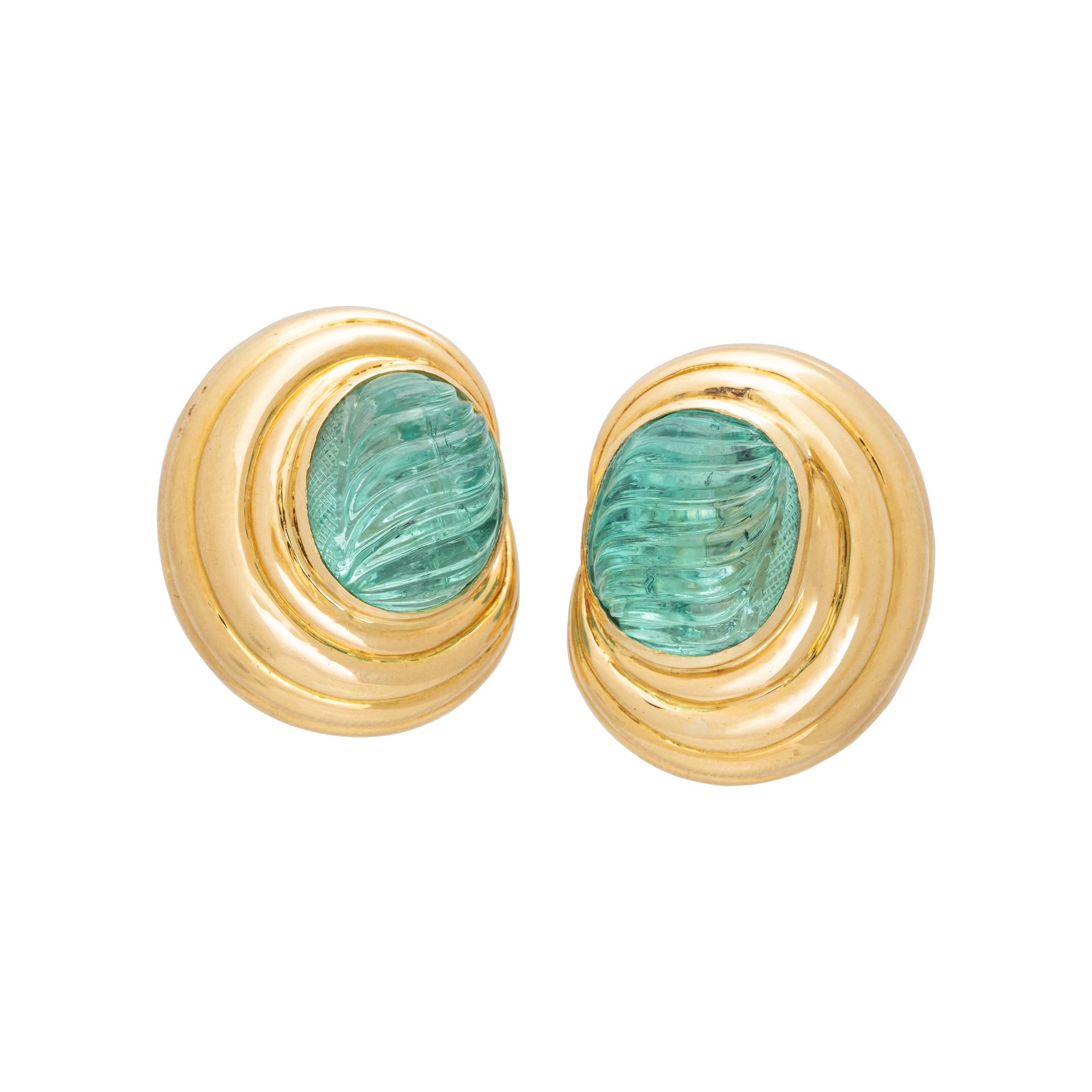 TAMBETTI, YELLOW GOLD AND CARVED AQUAMARINE CLIP EARRINGS