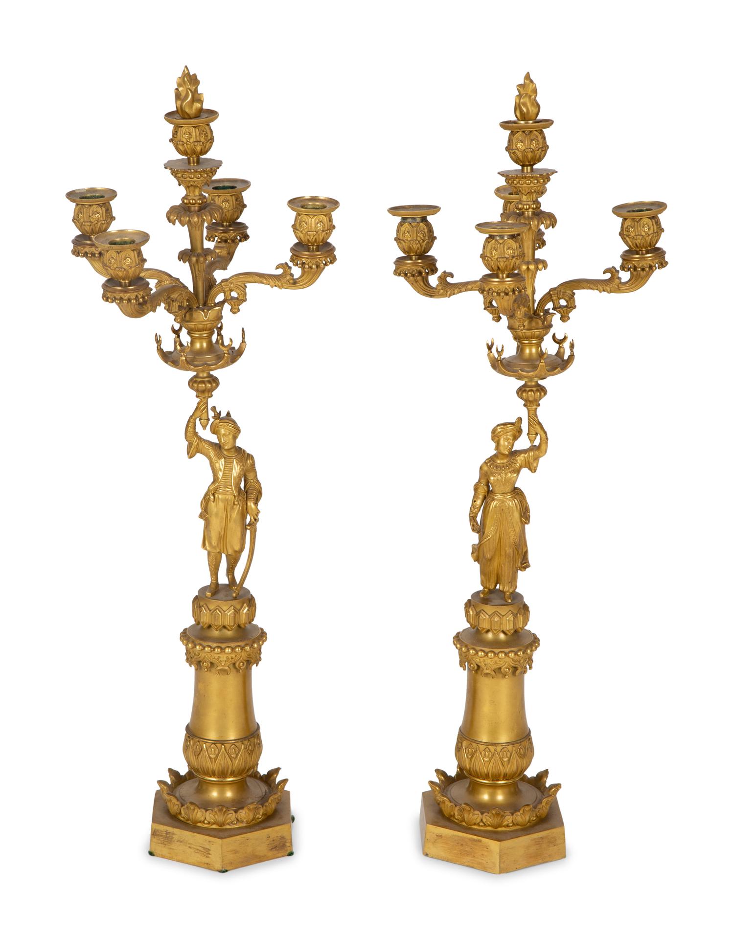 A Pair of Orientalist Gilt Bronze Candelabra — 19TH CENTURY