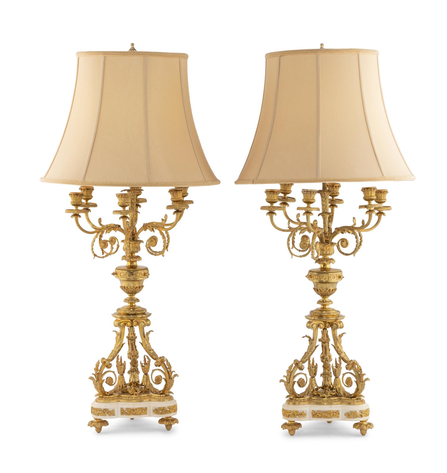 A Pair of Louis XVI Style Gilt Bronze and Marble Six-Light Candelabra