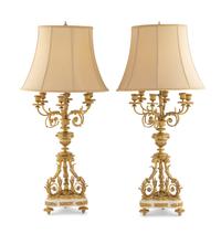 A Pair of Louis XVI Style Gilt Bronze and Marble Six-Light Candelabra