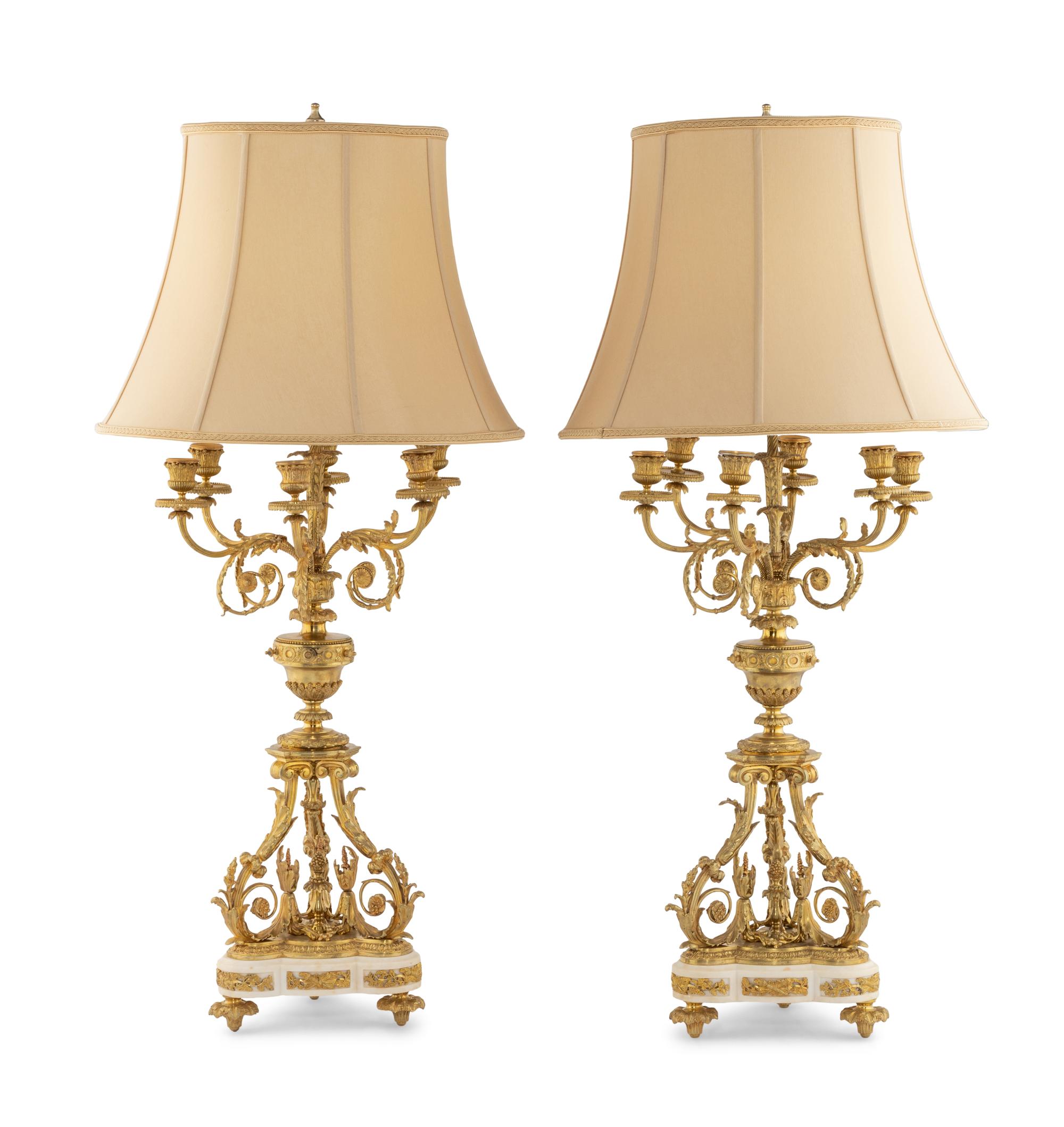 A Pair of Louis XVI Style Gilt Bronze and Marble Six-Light Candelabra