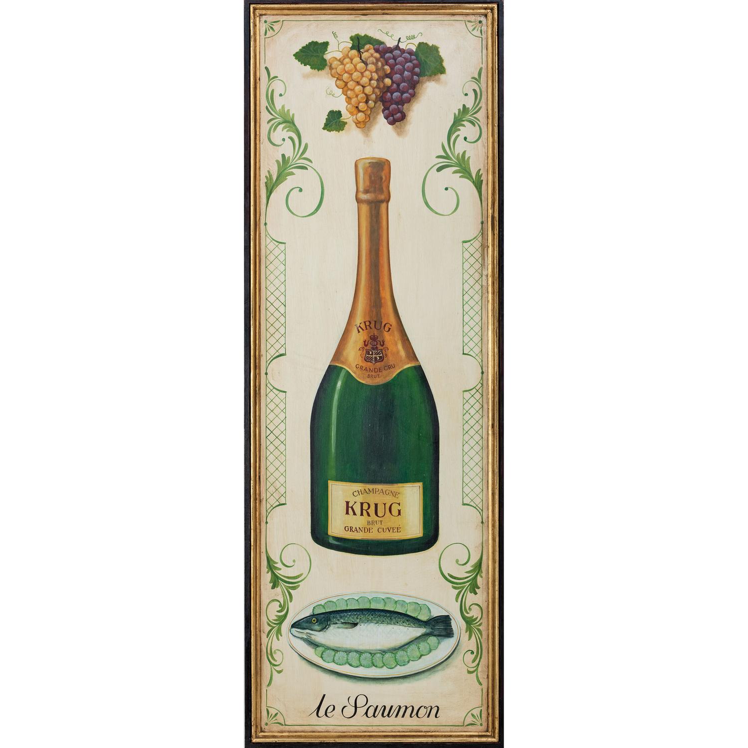 A Champagne Krug and le Saumon Painted Advertising Panel