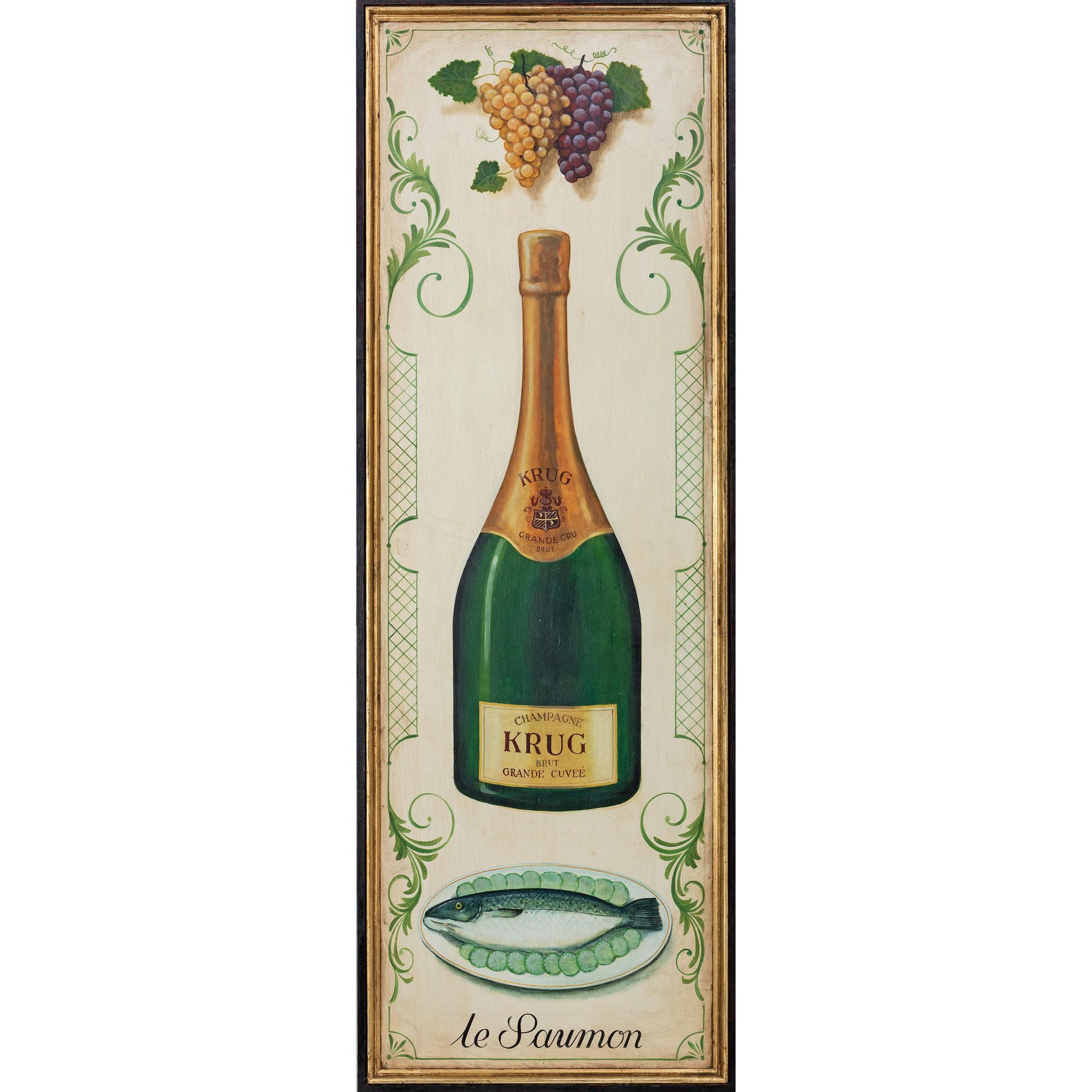 A Champagne Krug and le Saumon Painted Advertising Panel