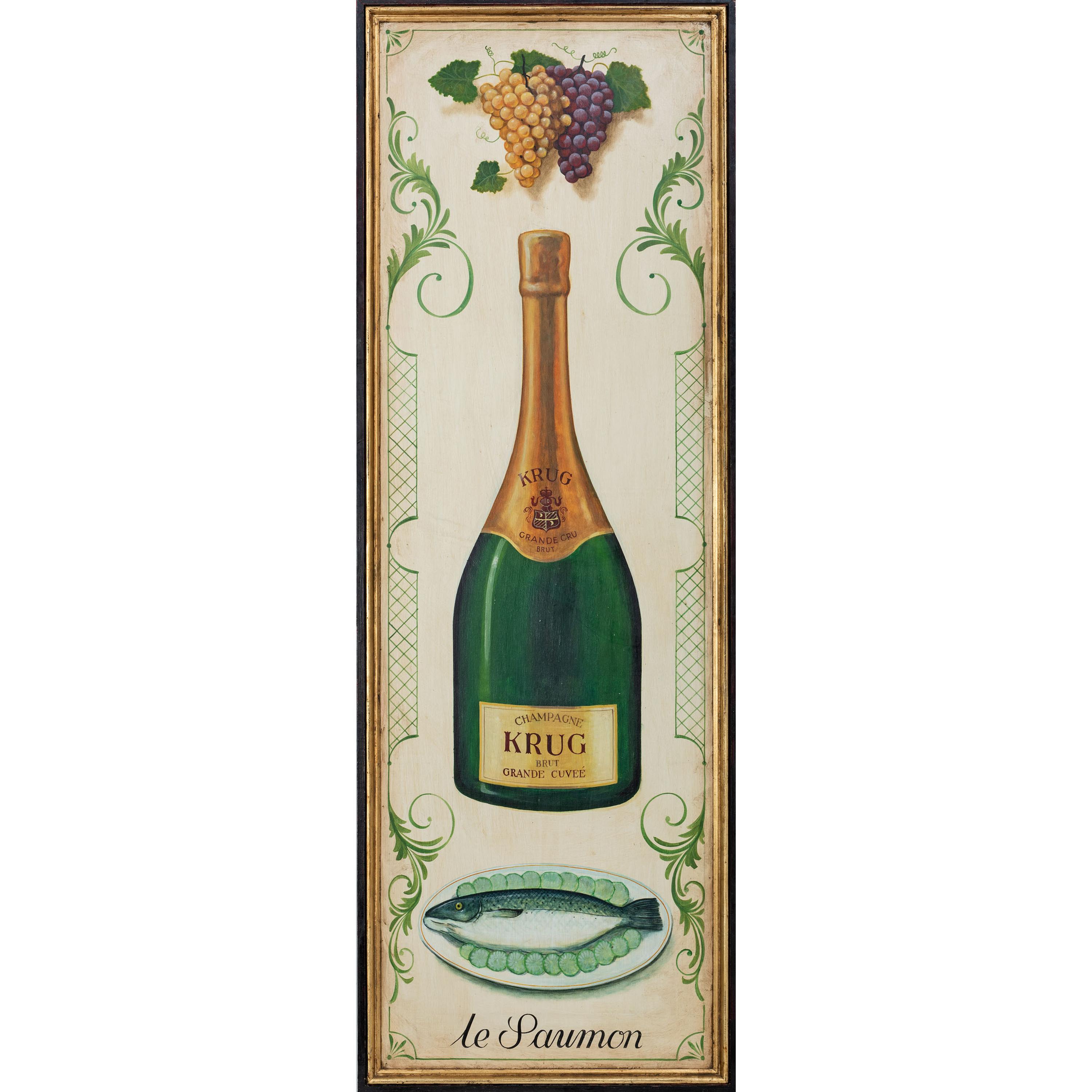 A Champagne Krug and le Saumon Painted Advertising Panel