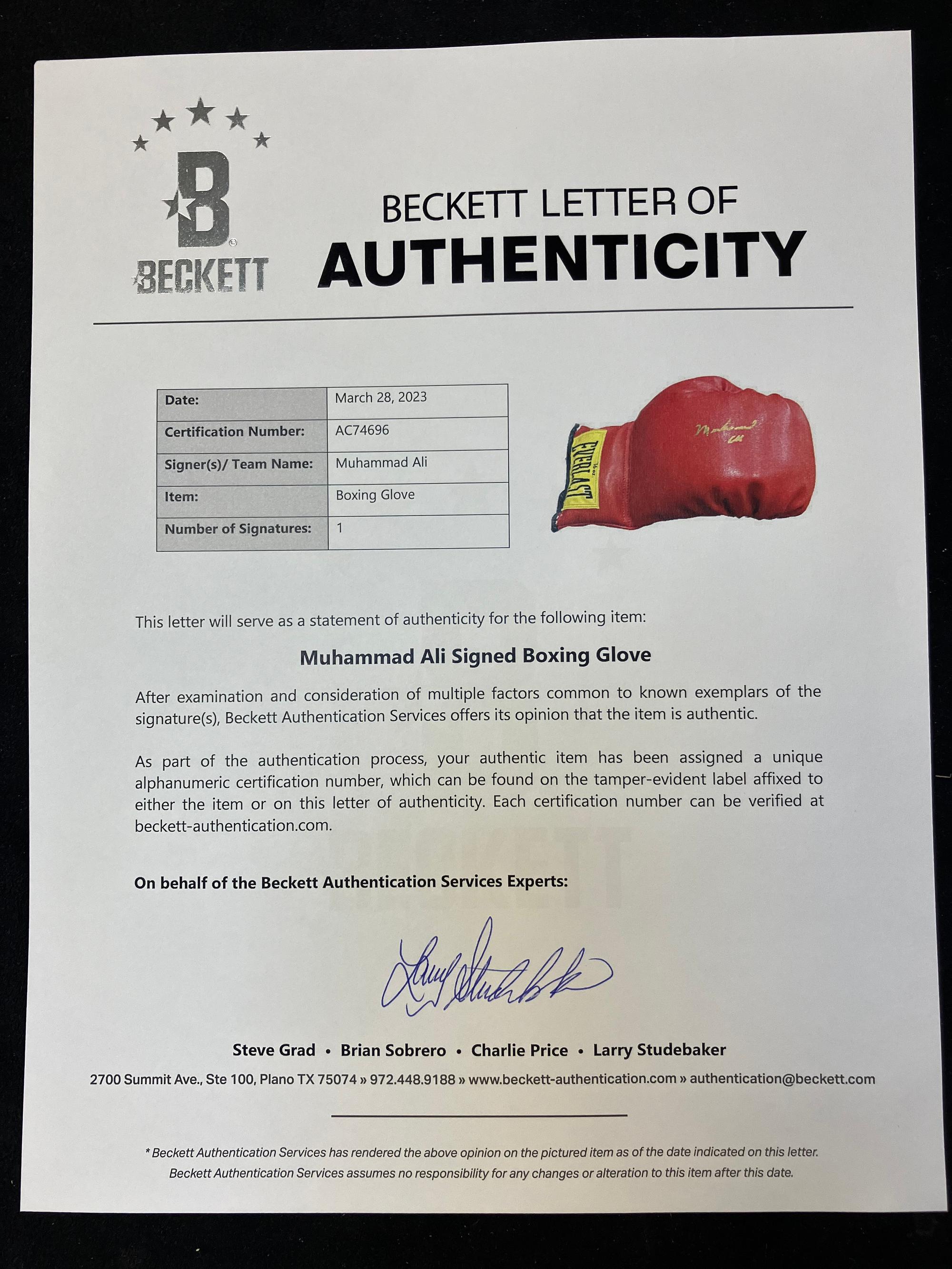 A Set of Muhammad Ali and Joe Frazier Signed Autograph Boxing Gloves (Beckett Authentication Services Letter),