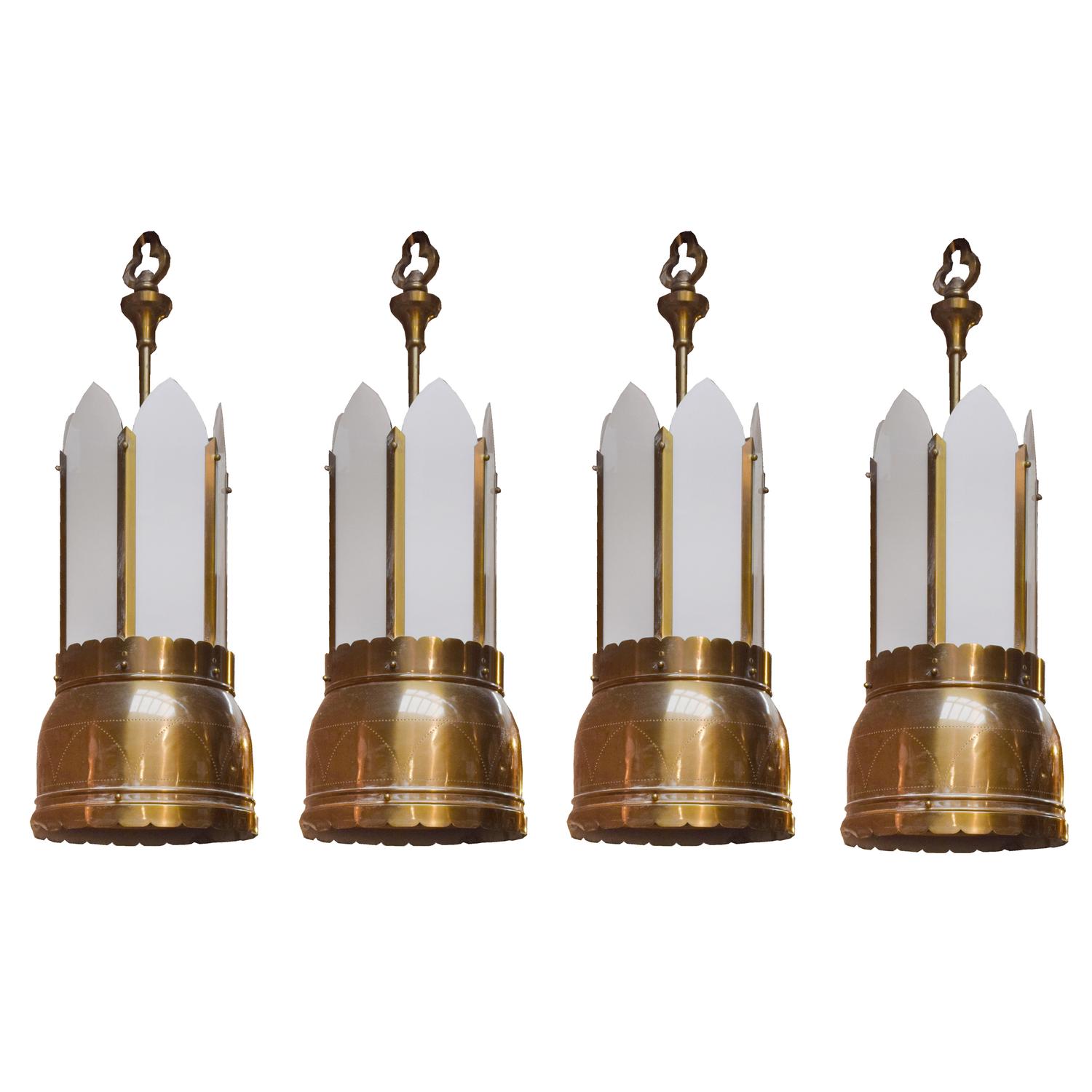 A Set of Four Brass and Glass Light Fixtures 13" W x 13" D x 37" H — United States, Circa 1920