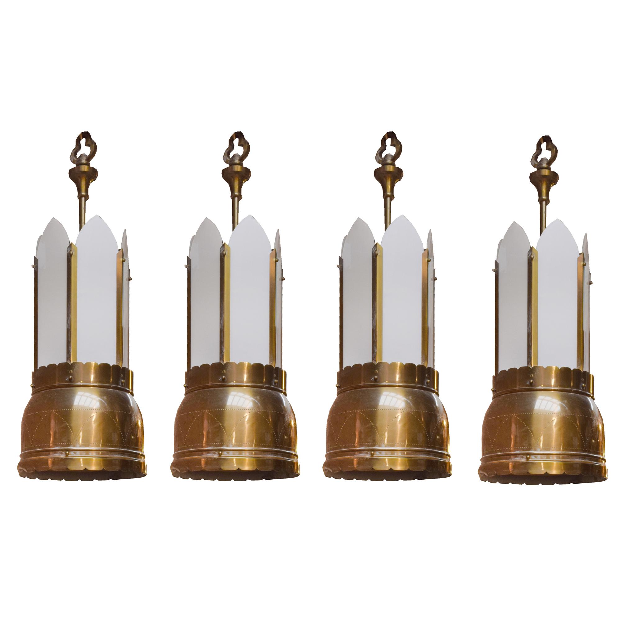 A Set of Four Brass and Glass Light Fixtures 13" W x 13" D x 37" H — United States, Circa 1920
