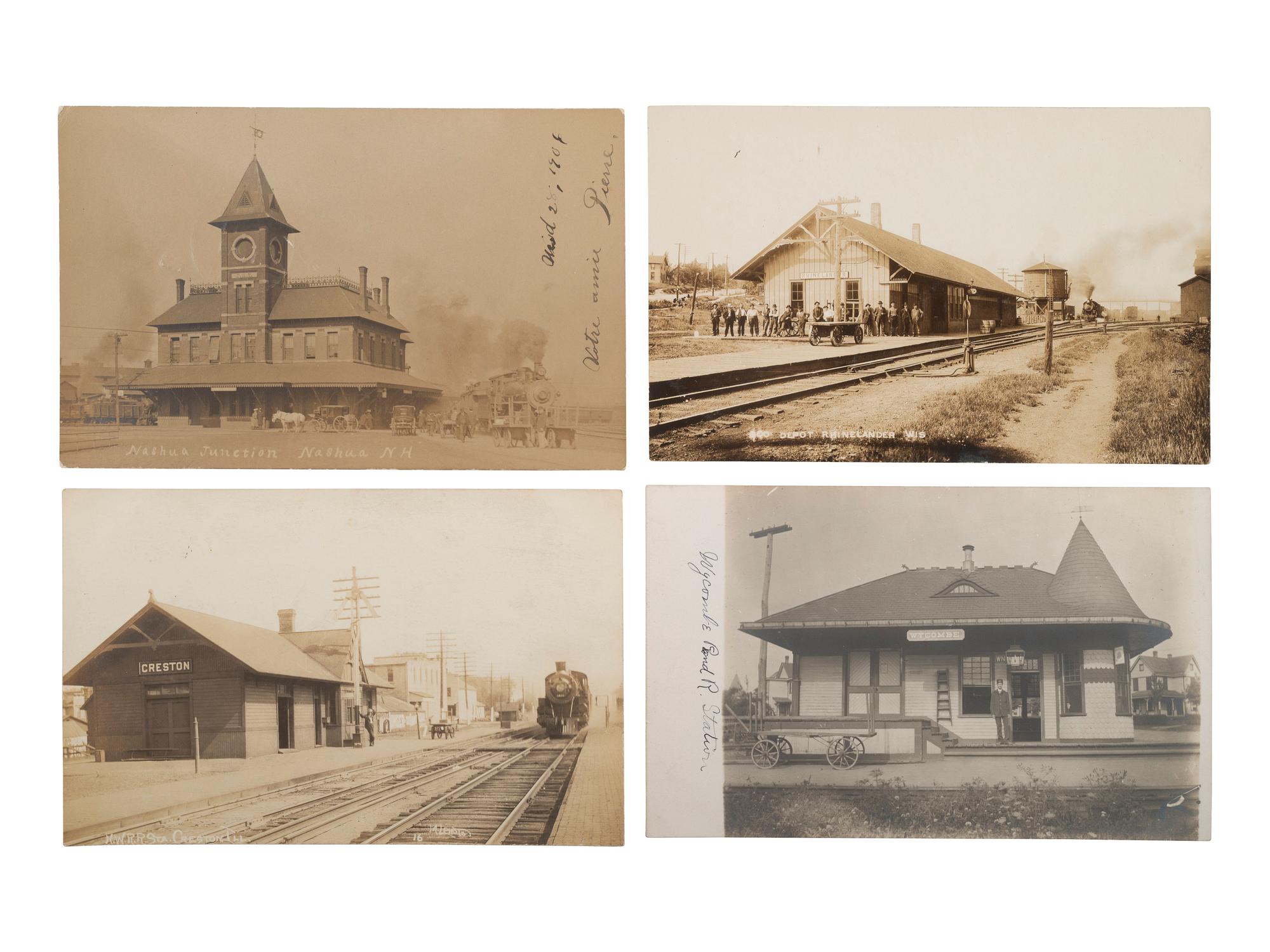 [RAILROADS]. Over 120 RPPCs & photographs of railroad stations, train depots, and roundhouses.