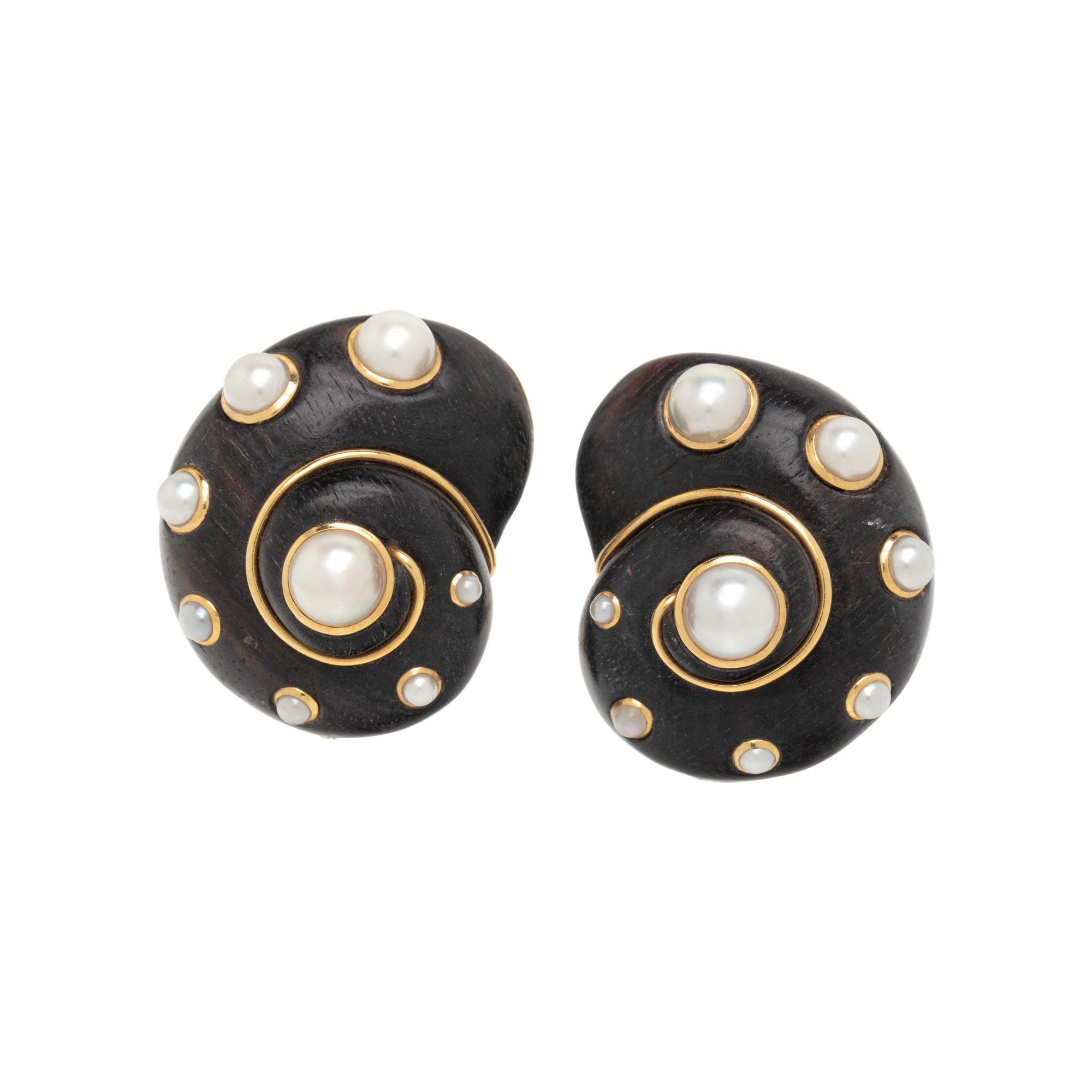 VERDURA, WOOD AND CULTURED PEARL SHELL CLIP EARRINGS