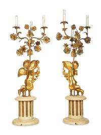A Pair of Louis XVI Style Six-Light Giltwood Figural Candelabra