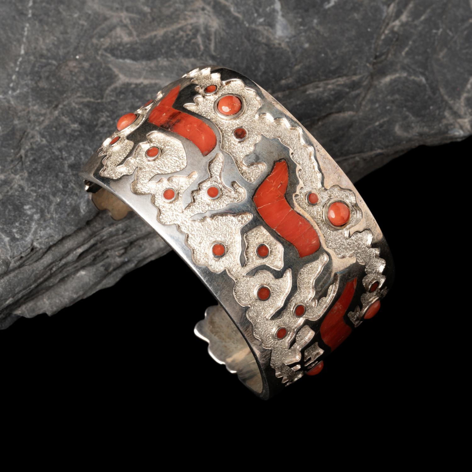 Michael Perry (Diné, b. 1972) — Sterling Silver and Coral Horse Cuff Bracelet