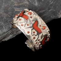 Michael Perry (Diné, b. 1972) — Sterling Silver and Coral Horse Cuff Bracelet