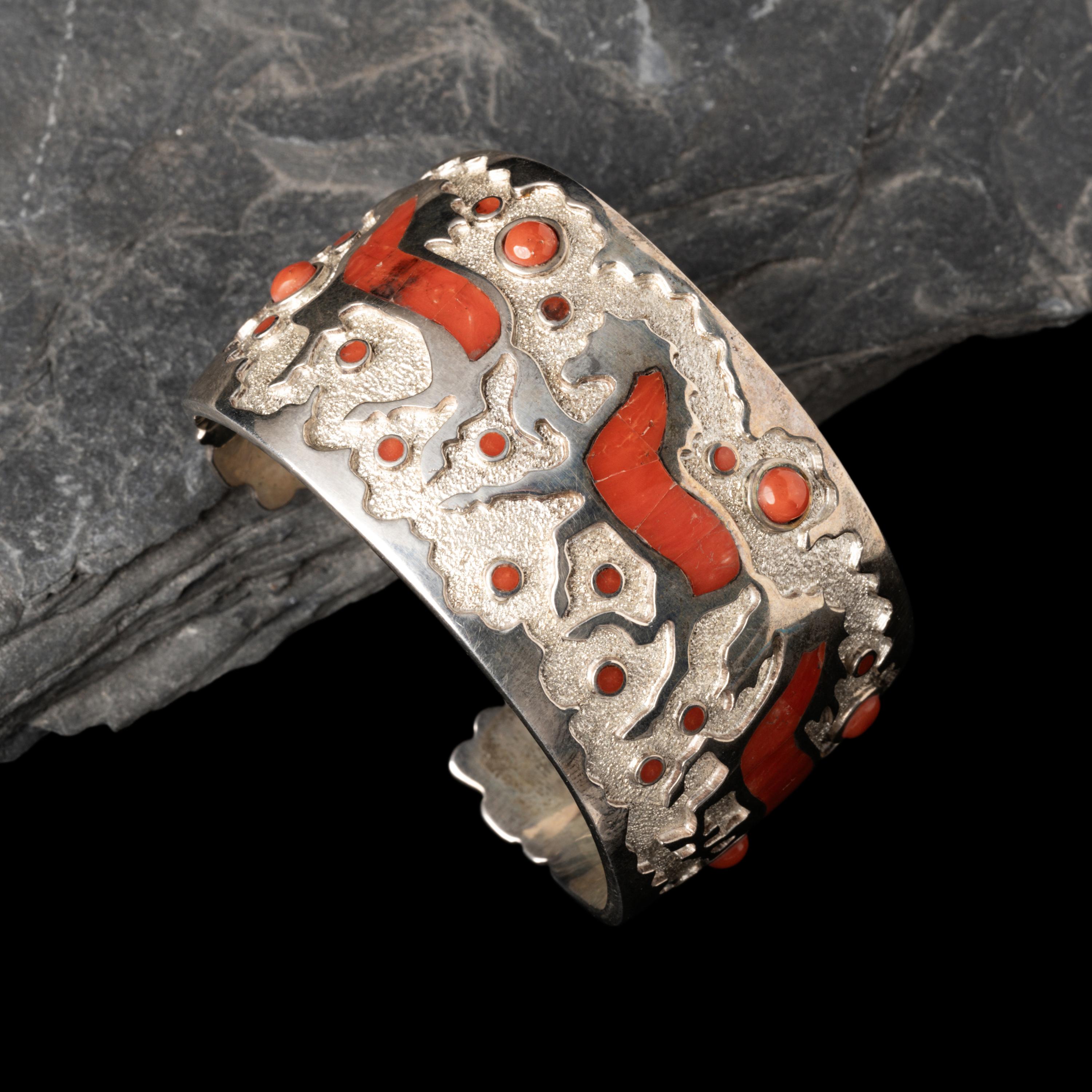 Michael Perry (Diné, b. 1972) — Sterling Silver and Coral Horse Cuff Bracelet
