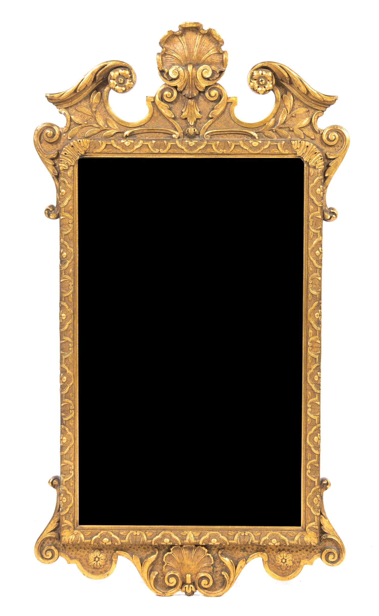 A George II Style Giltwood Mirror, Height 39 1/2 x width 21 5/8 inches.