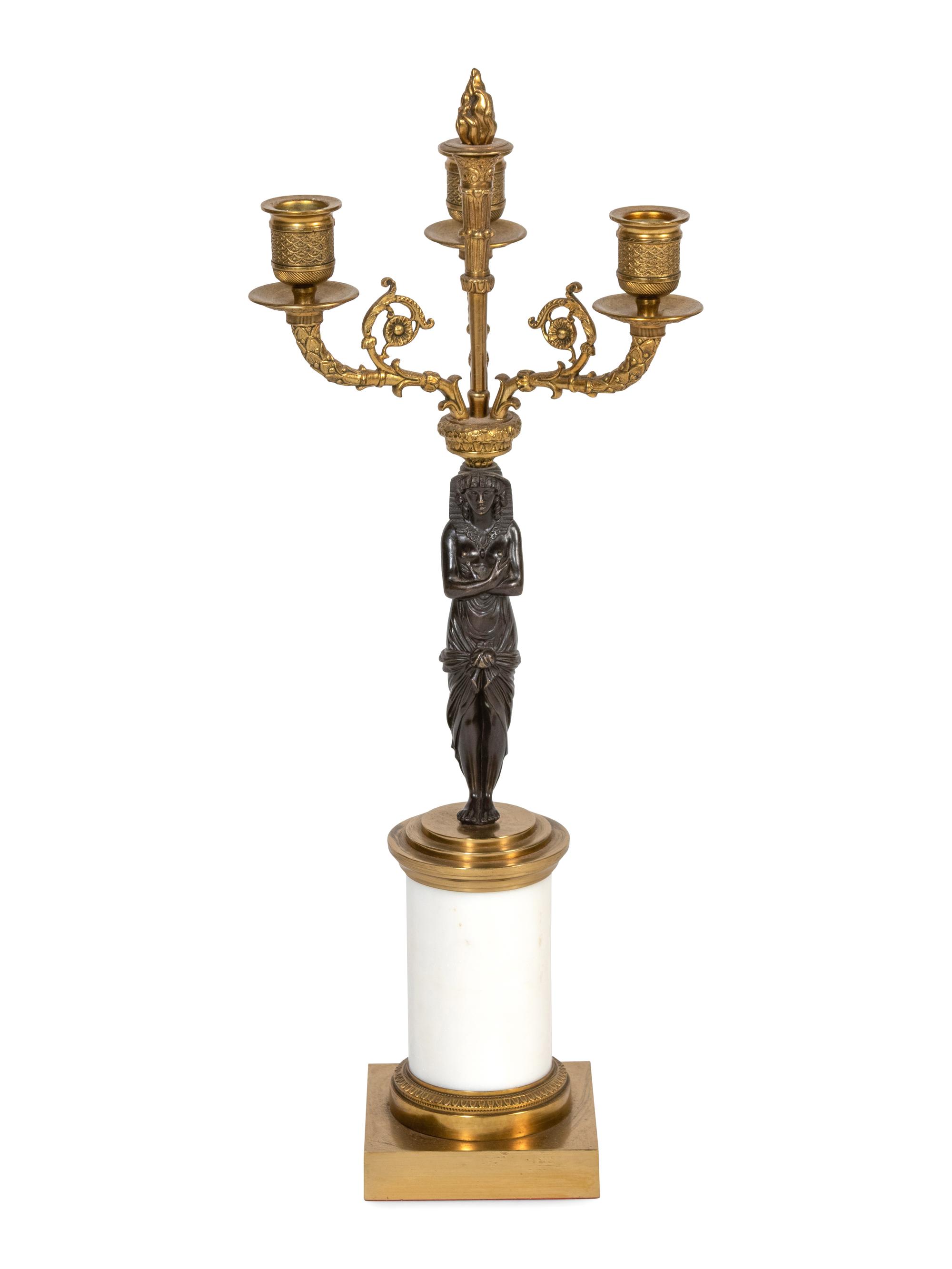 A Pair of Empire Style Gilt and Patinated Bronze and Marble Candelabra