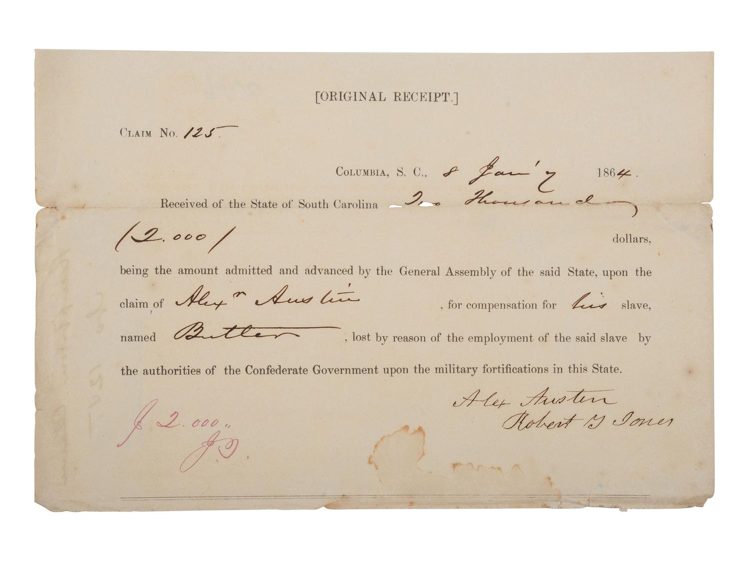[ENSLAVEMENT & ABOLITION]. A pair of documents related to claims for compensation made by enslavers to the Confederate States Army for deceased slaves. South Carolina, 1864-65.