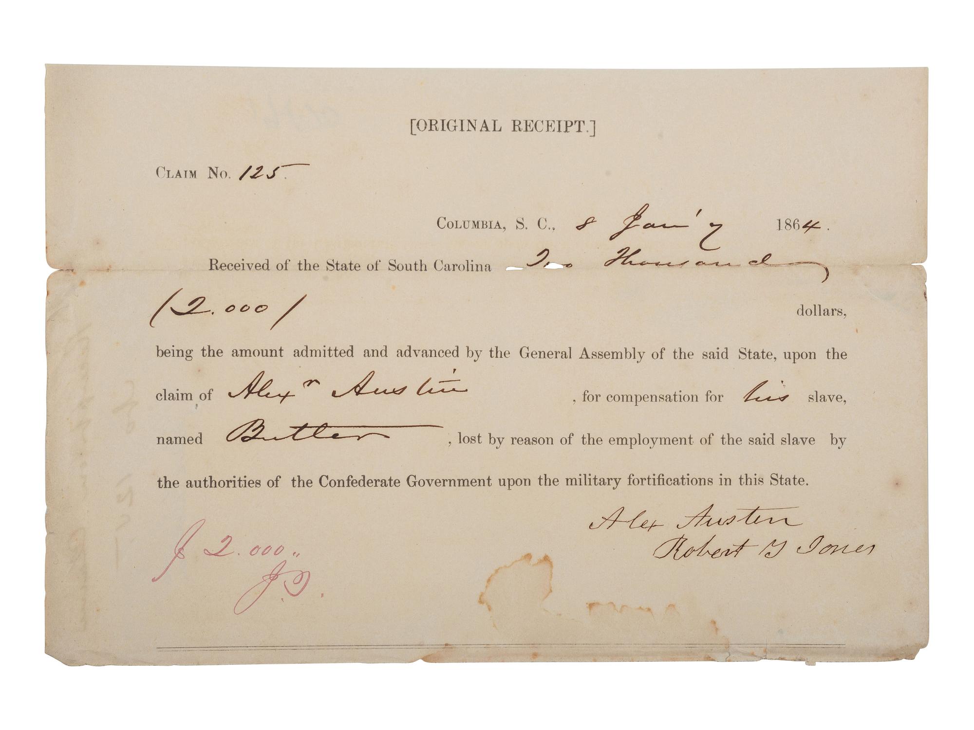 [ENSLAVEMENT & ABOLITION]. A pair of documents related to claims for compensation made by enslavers to the Confederate States Army for deceased slaves. South Carolina, 1864-65.