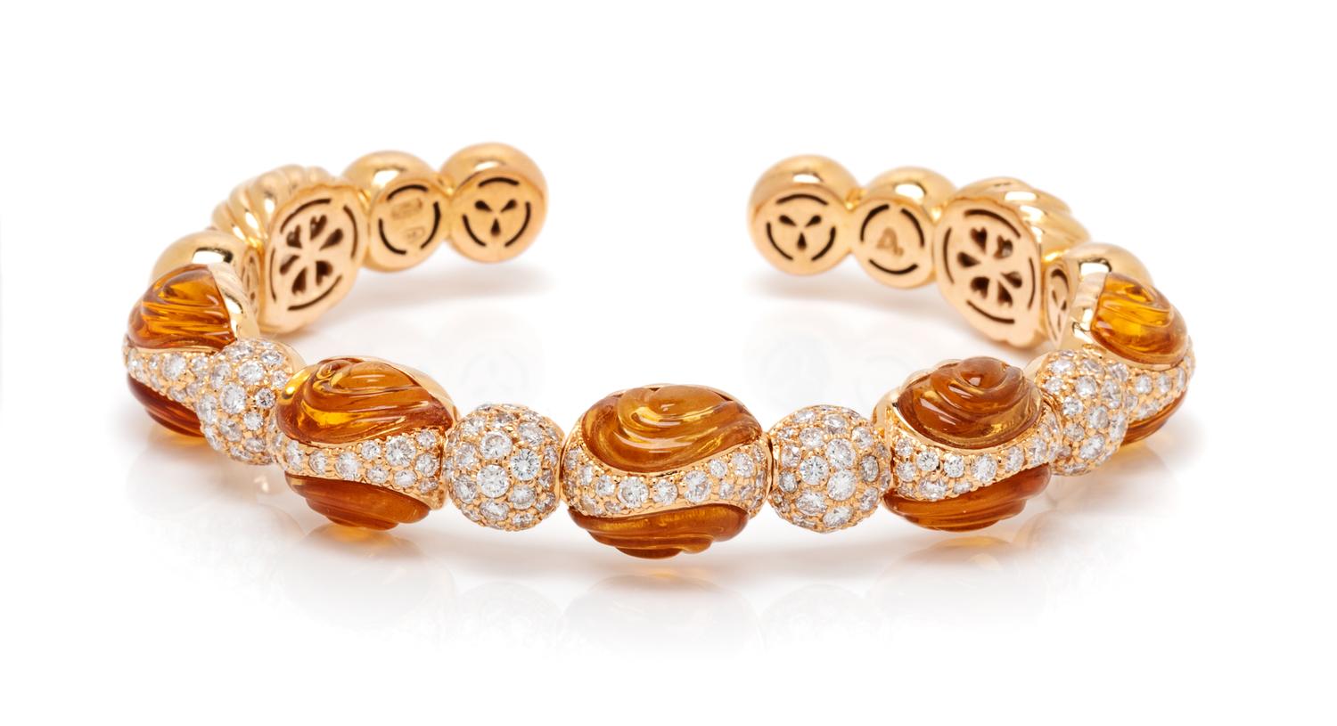 An 18 Karat Rose Gold, Citrine and Diamond Semi-Flexible Cuff Bracelet, Verdi, 26.90 dwts.