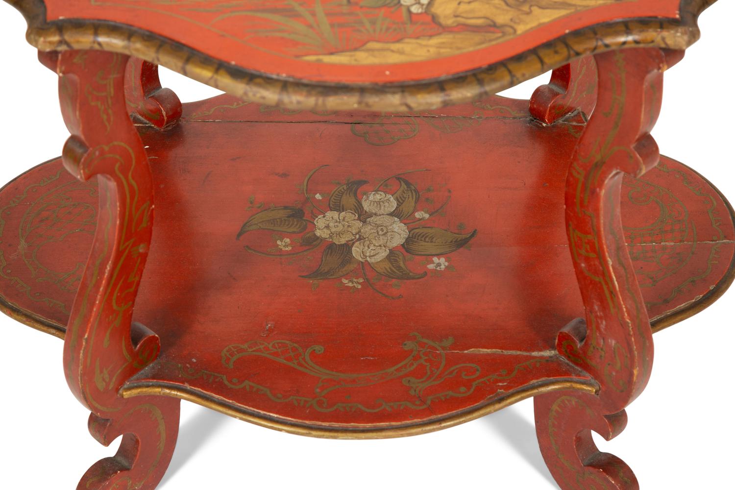 A Red and Gilt-Japanned Two-Tier Side Table