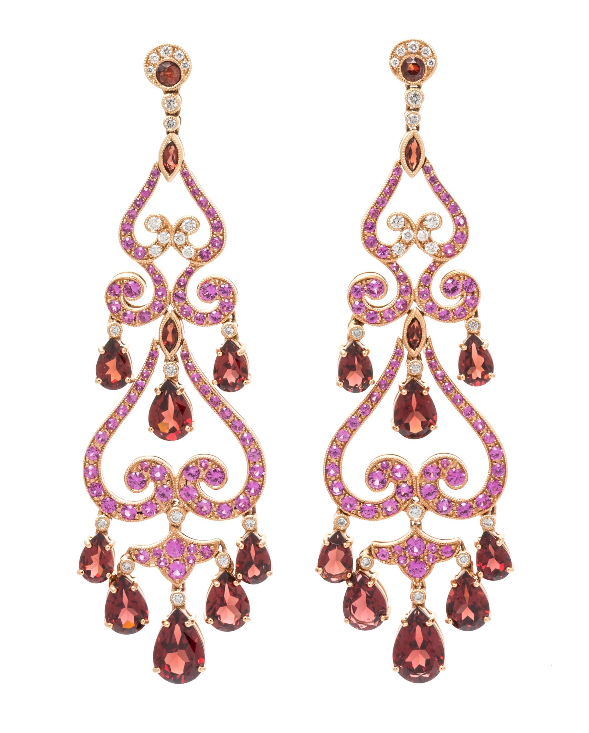 GARNET, PINK SAPPHIRE AND DIAMOND EARRINGS