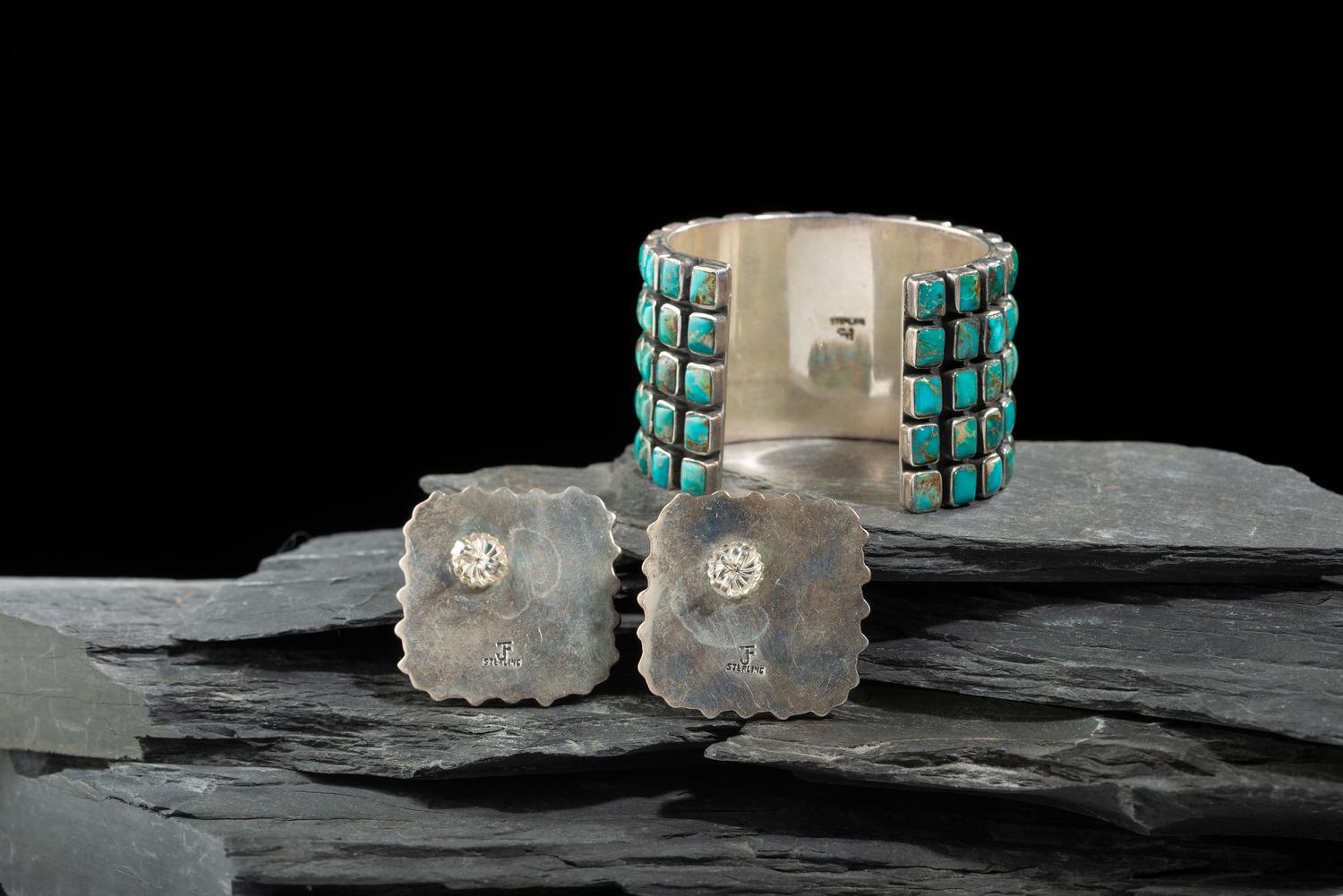 Sterling Silver and Turquoise Cluster Cuff Bracelet and Post Earrings