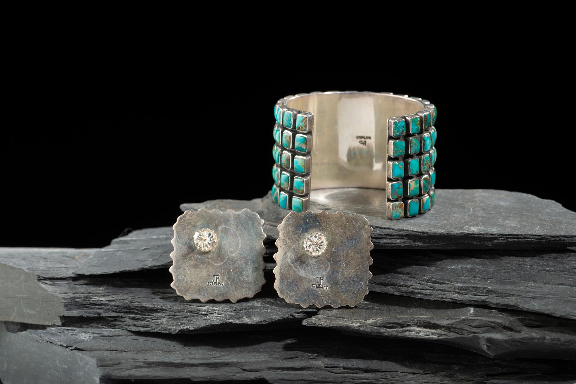 Sterling Silver and Turquoise Cluster Cuff Bracelet and Post Earrings