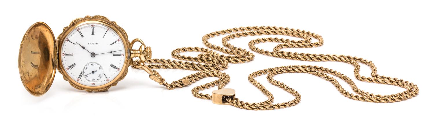 A 14 Karat Tricolor Gold Hunter Case Pocket Watch and Longchain, Elgin, Circa 1908,