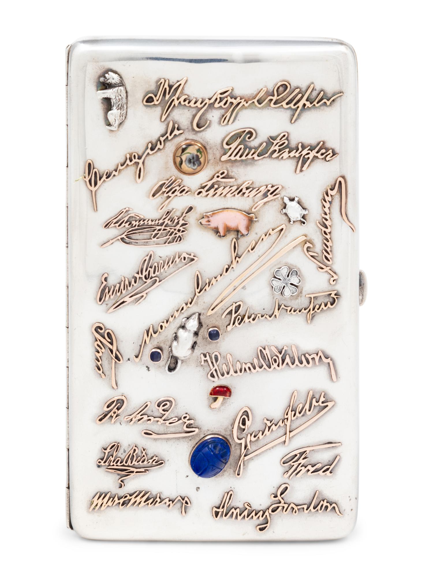 A Large Russian Silver and Gold-Charm Inset Cigarette Case