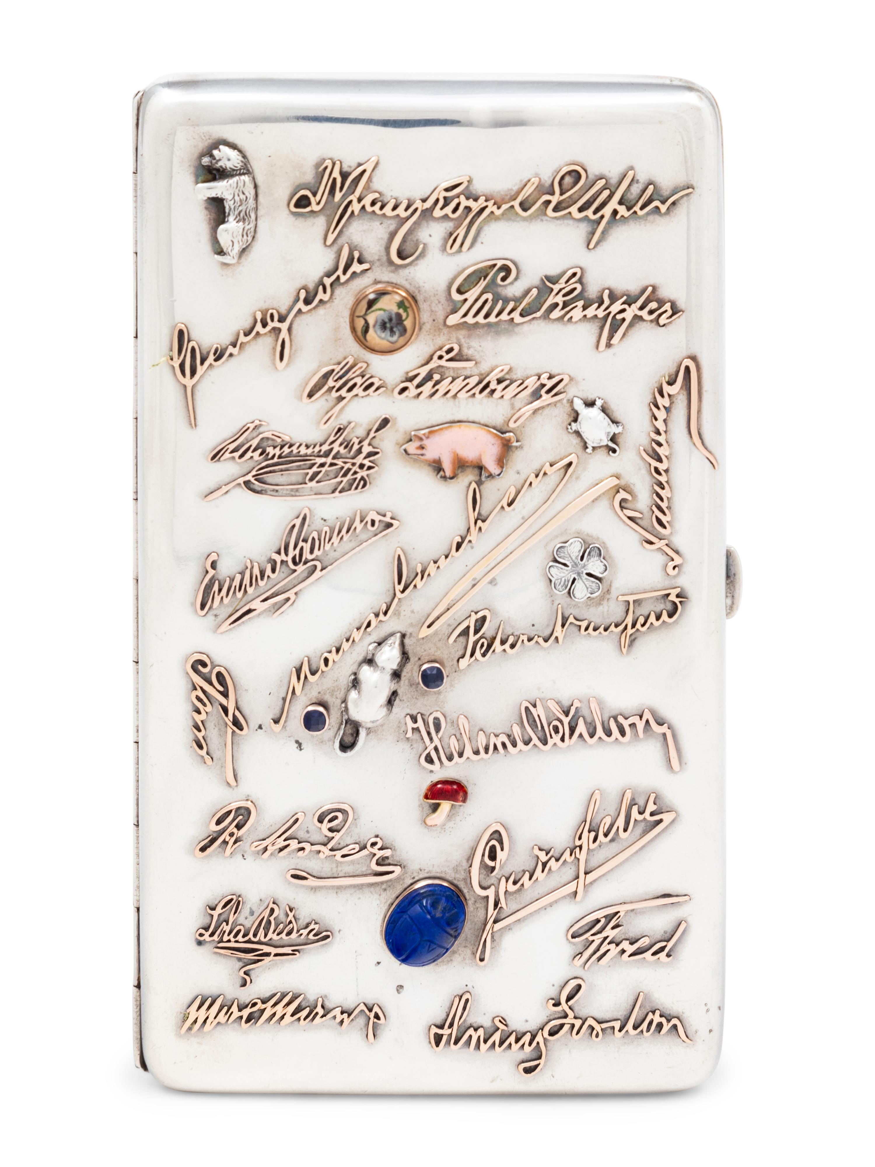 A Large Russian Silver and Gold-Charm Inset Cigarette Case