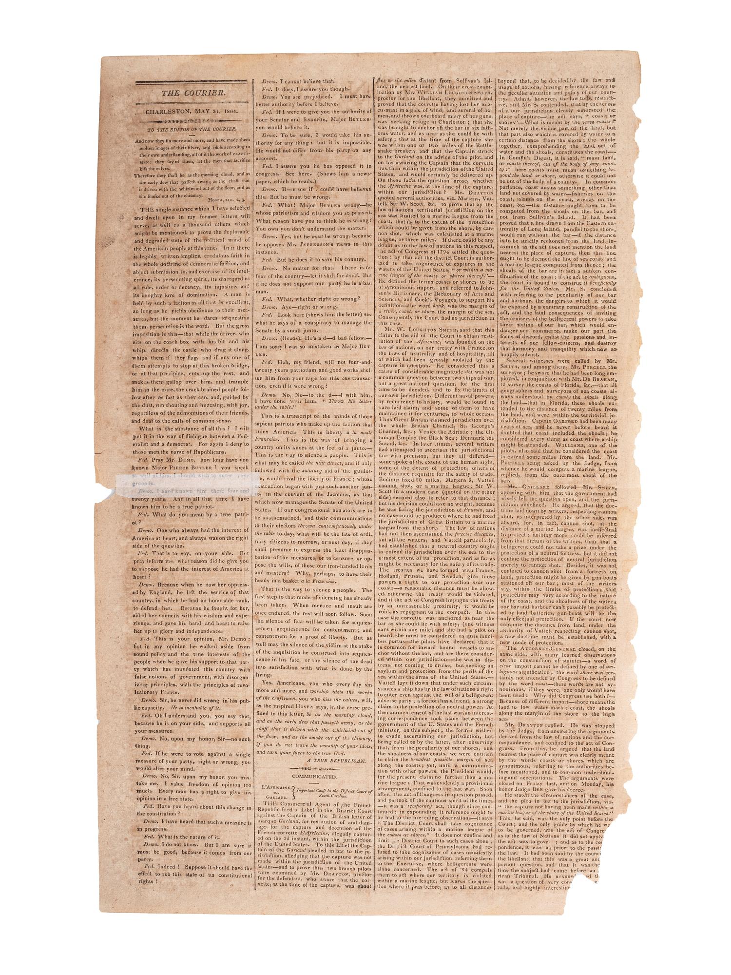 [SLAVERY & ABOLITION]. Charleston Courier. Vol. 2, No. 128. Charleston, SC: A.S. Willington, 31 May 1804.