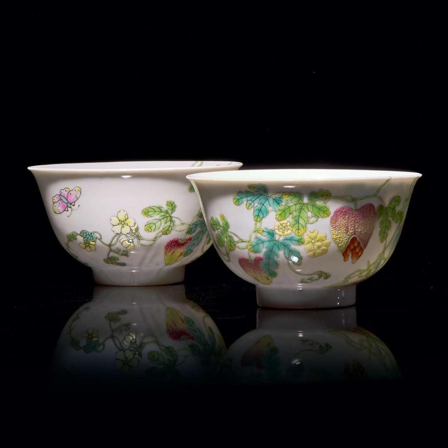 A fine pair of Chinese famille rose-decorated "Balsam-Pear" bowls 粉彩過枝癩瓜紋盌一對 Jiaqing six-character seal mark and of the period ????? ? ??