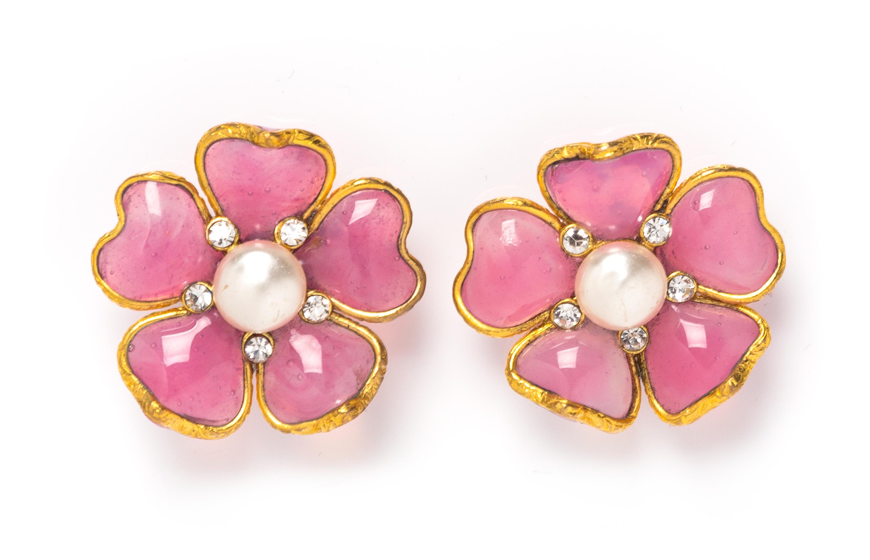 A Pair of Pink Chanel Gripoix Floral Earclips, 1.5" x 1.5".