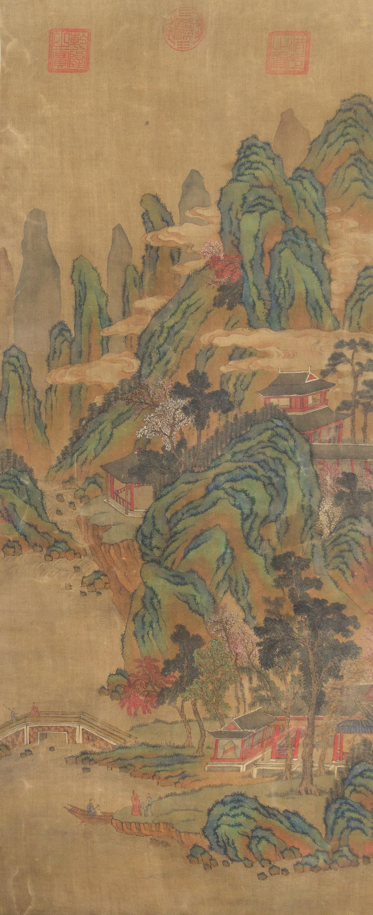 After Zhao Boju, (1120-1182), depicting a landscape with steep mountains amongst clouds, houses amidst rockery and a bridge above a riv