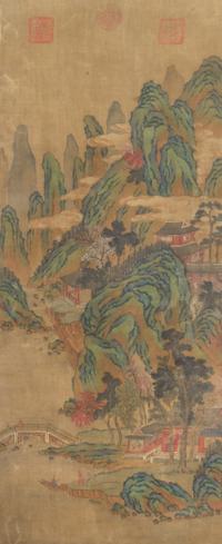 After Zhao Boju, (1120-1182), depicting a landscape with steep mountains amongst clouds, houses amidst rockery and a bridge above a riv
