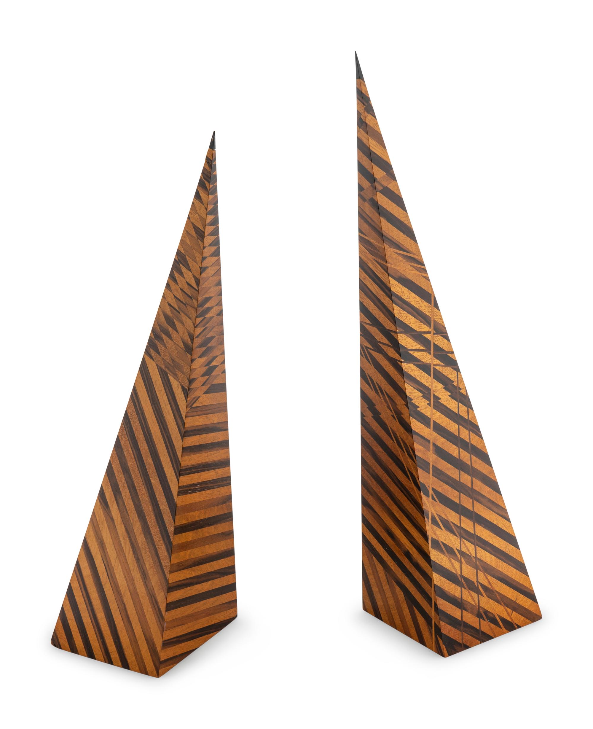 A Pair of Parquetry Wood Obelisks — 20TH CENTURY