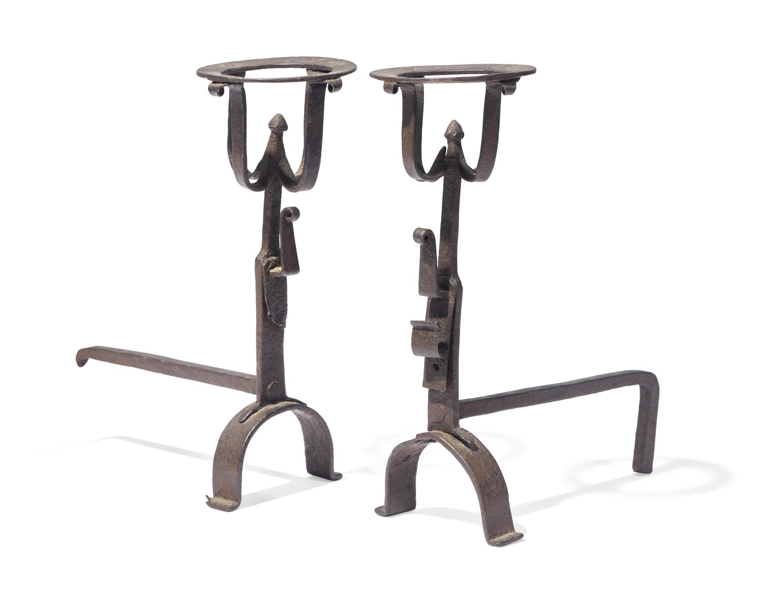 A Miniature Pair of Wrought Iron Andirons, French or Flemish, Late 17th / 18th Century