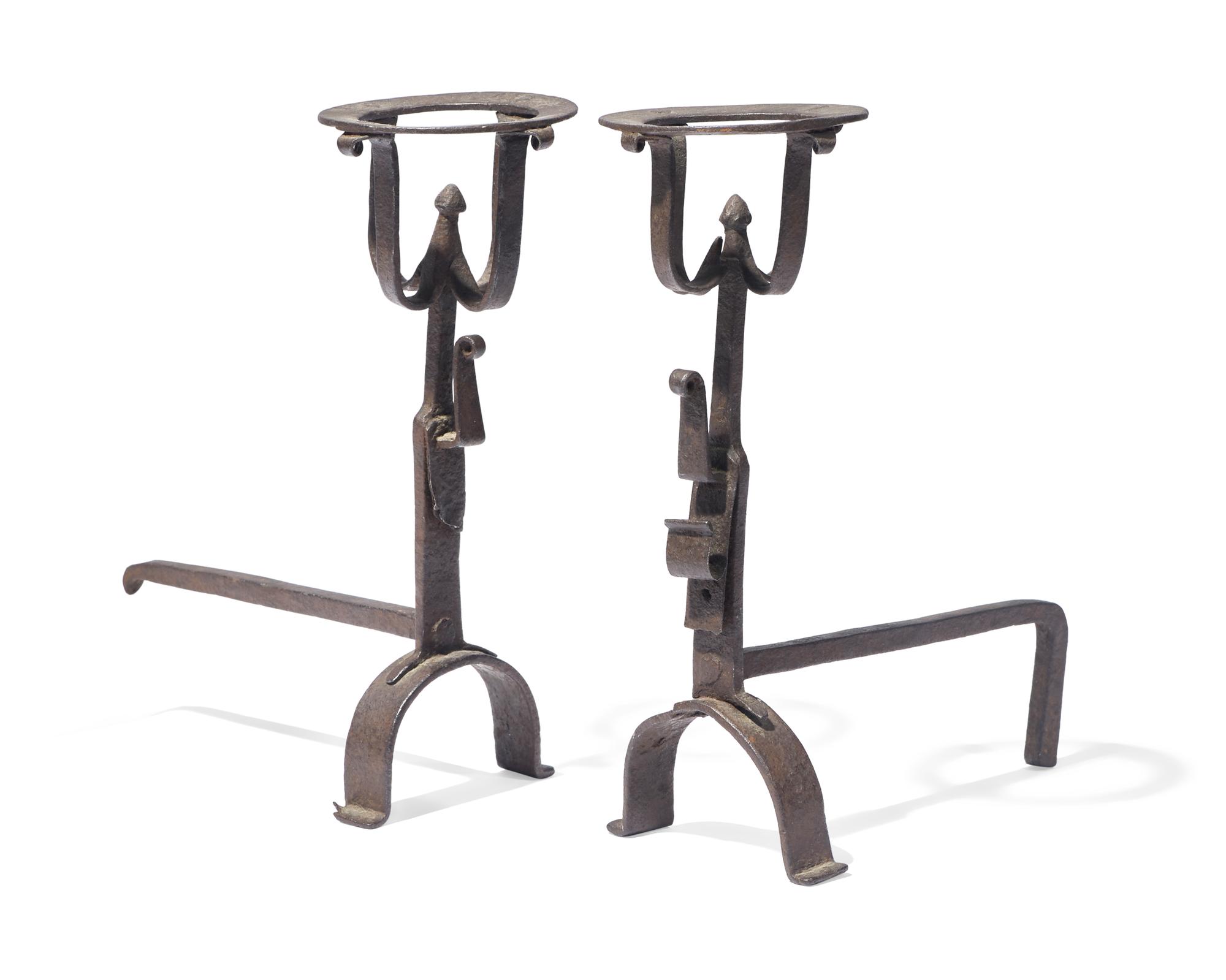 A Miniature Pair of Wrought Iron Andirons, French or Flemish, Late 17th / 18th Century