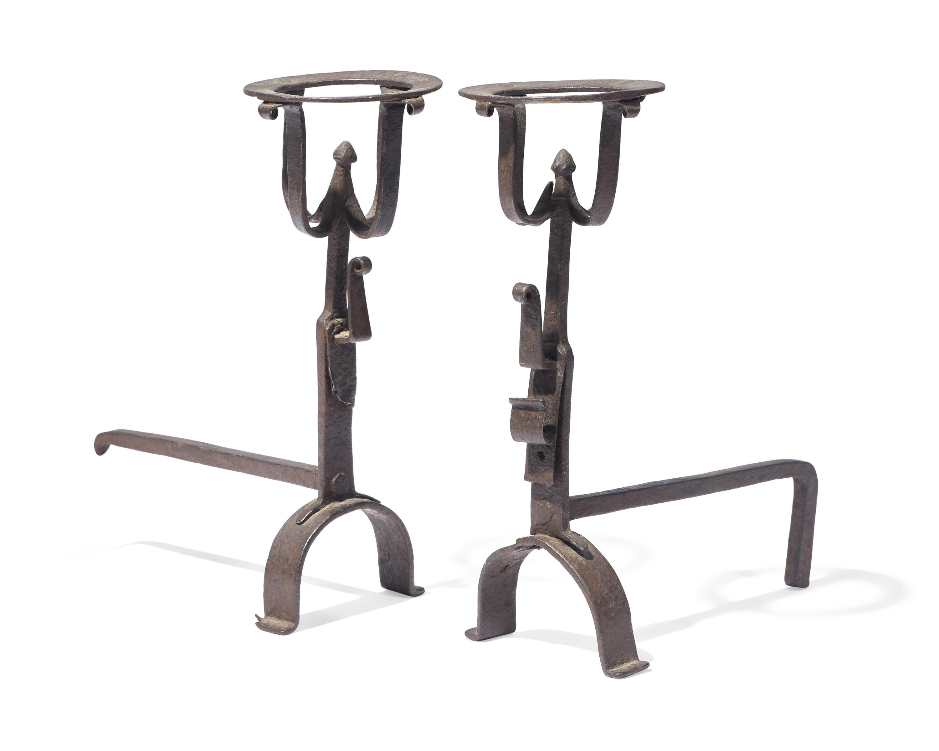 A Miniature Pair of Wrought Iron Andirons, French or Flemish, Late 17th / 18th Century