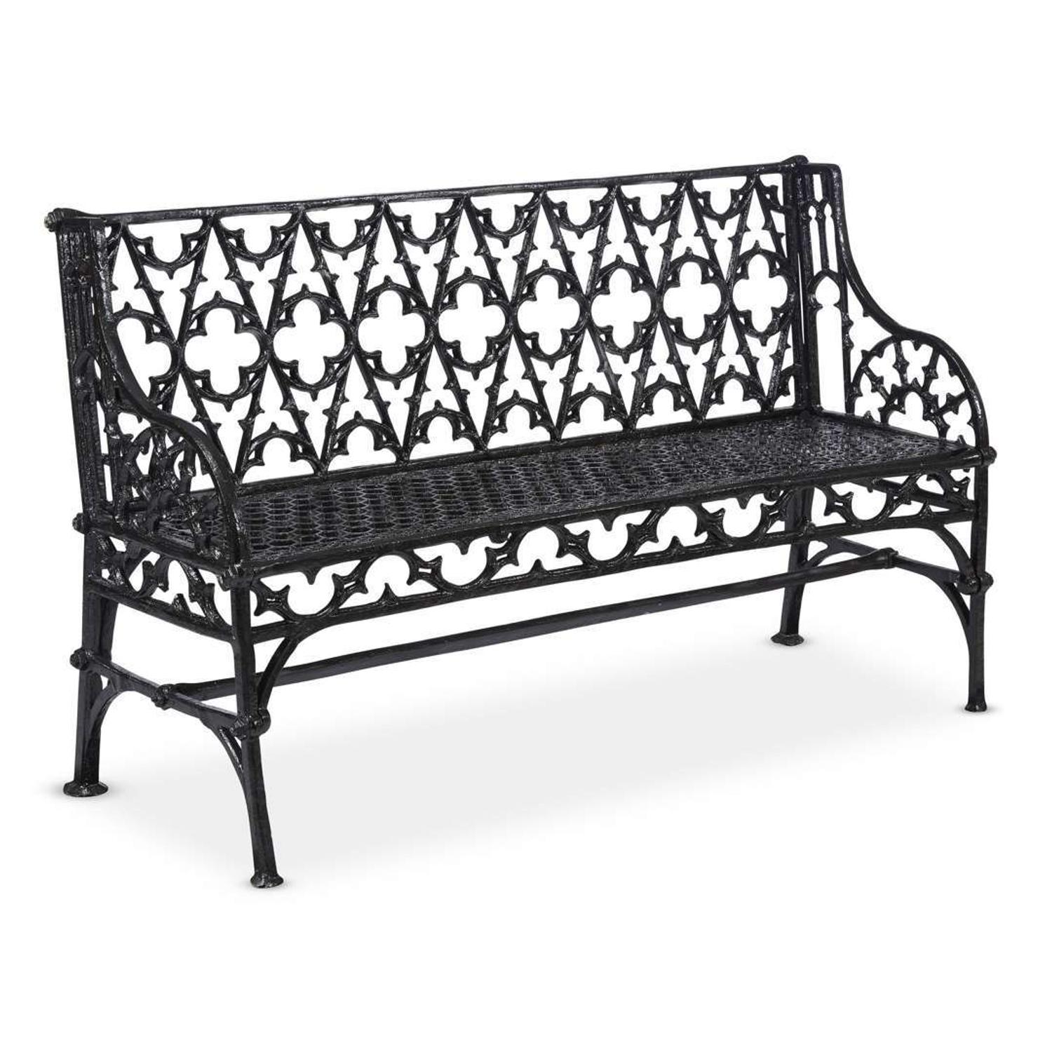 Two Gothic Revival black-painted cast iron benches 20th century