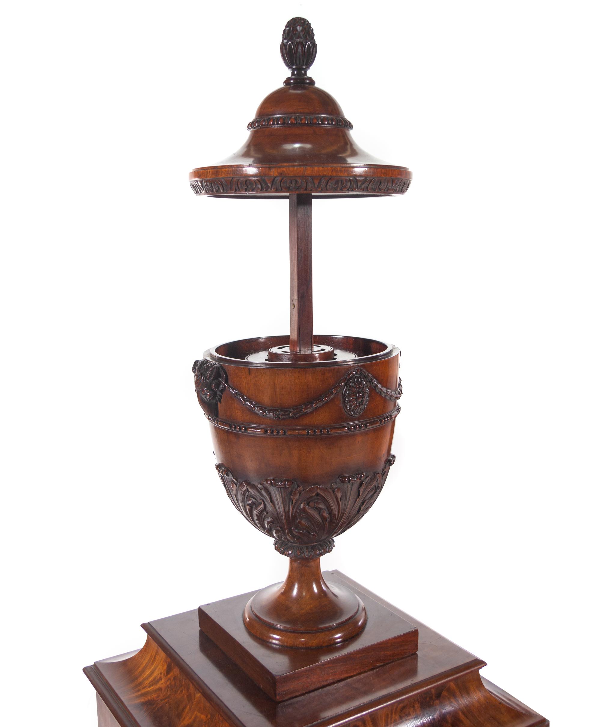 A Pair of Edwardian Style Mahogany Cutlery Urns on Pedestals