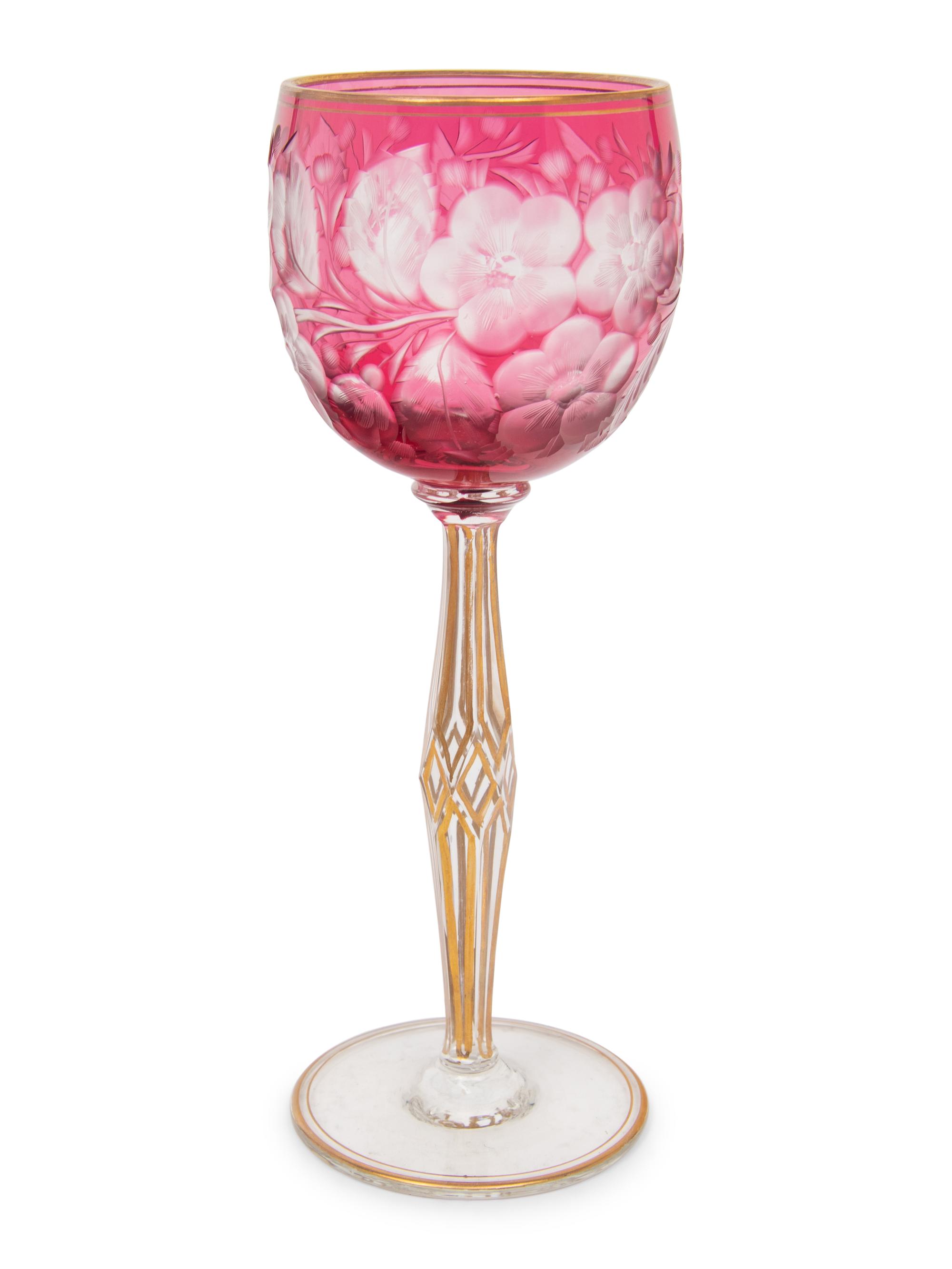 A Set of Twelve Bohemian Etched and Gilt Decorated Red Cut-to-Clear Wine Stems