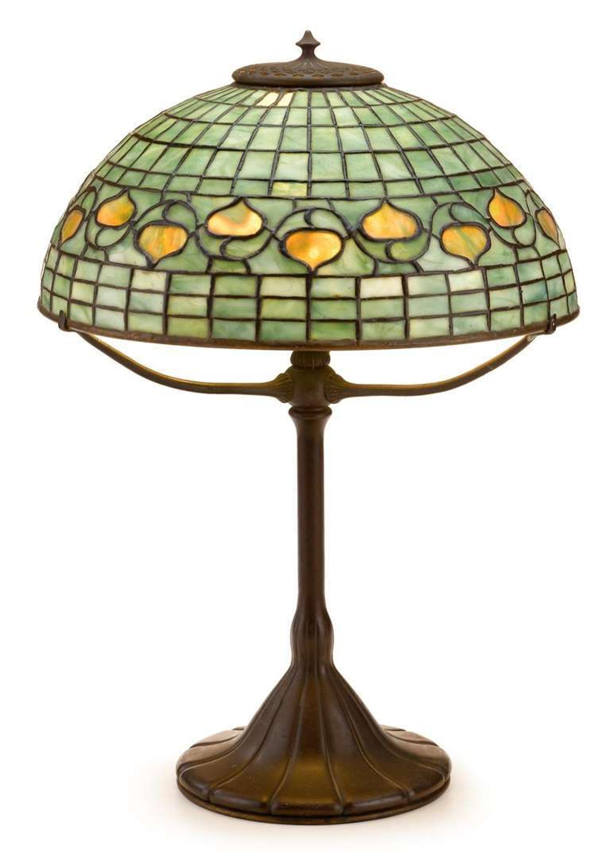 Patinated bronze and leaded glass table lamp tiffany studios, new york, ny, late 19th/early 20th century