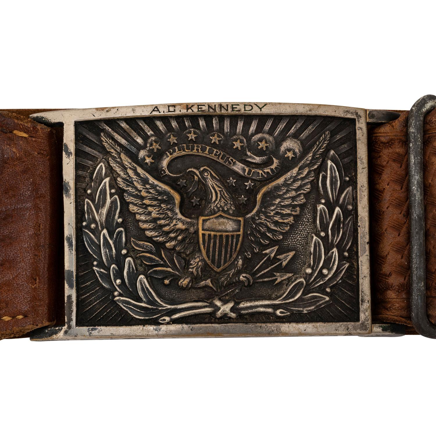 Silvered US Model 1851 Sword Belt Plate Engraved to A.C. Kennedy with Tooled Leather Belt