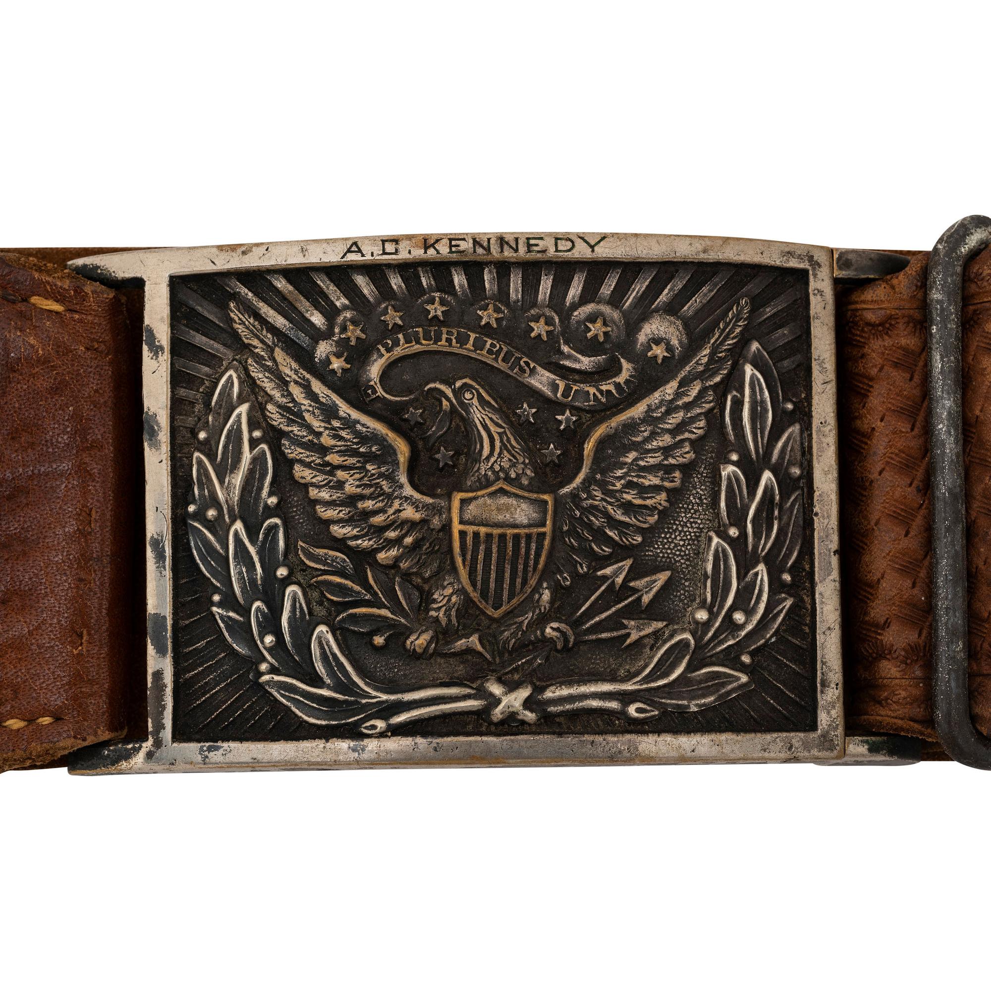 Silvered US Model 1851 Sword Belt Plate Engraved to A.C. Kennedy with Tooled Leather Belt