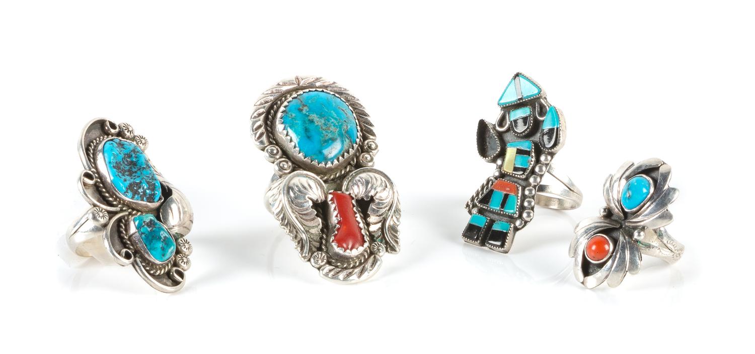 Four Southwestern Silver and Multi-Stone Rings