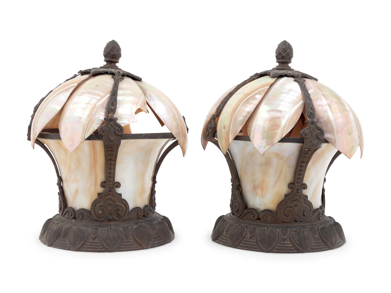 A Pair of American Cast Metal, Glass and Shell-Mounted Lanterns