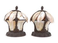 A Pair of American Cast Metal, Glass and Shell-Mounted Lanterns